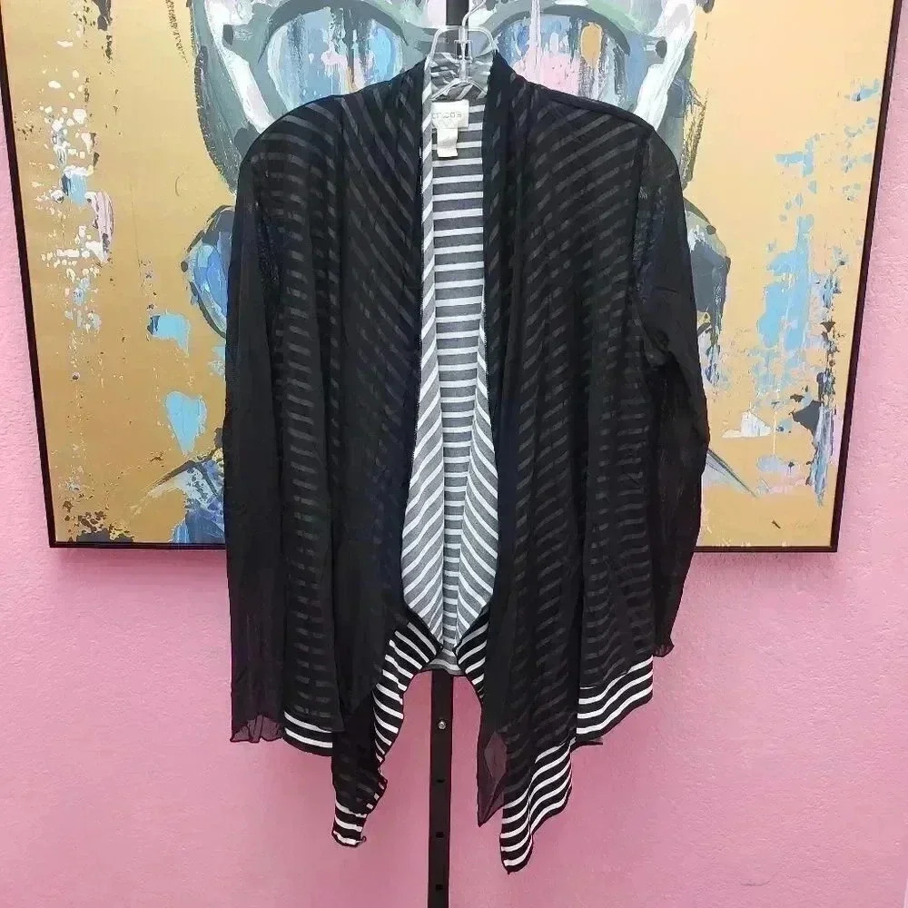 Chico's Black and White Stripped Cardigan w/Sheer